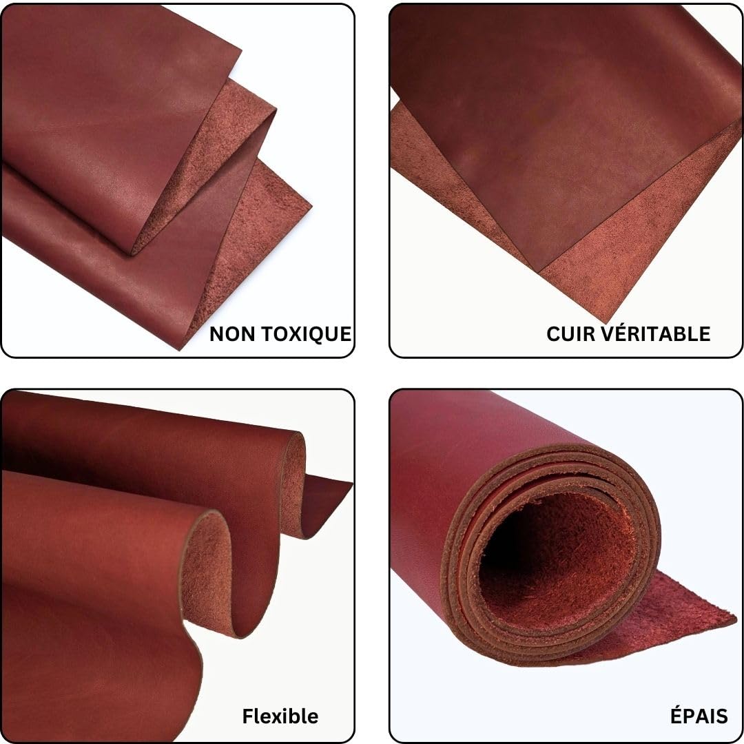 Feuille Cuir Véritable Kozmo Bordeaux 1,3-1,5mm 30x30cm - Cuir De Vachette Pleine Fleur