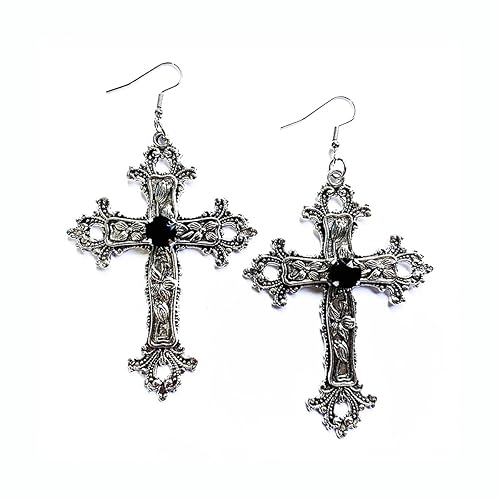 Gothic Cross Earrings Red Black Crystal Gemstone Cross Earrings Vintage Flower Pattern Big Cross Dangle Drop Earrings Halloween Clothing Accessories for Women - Black