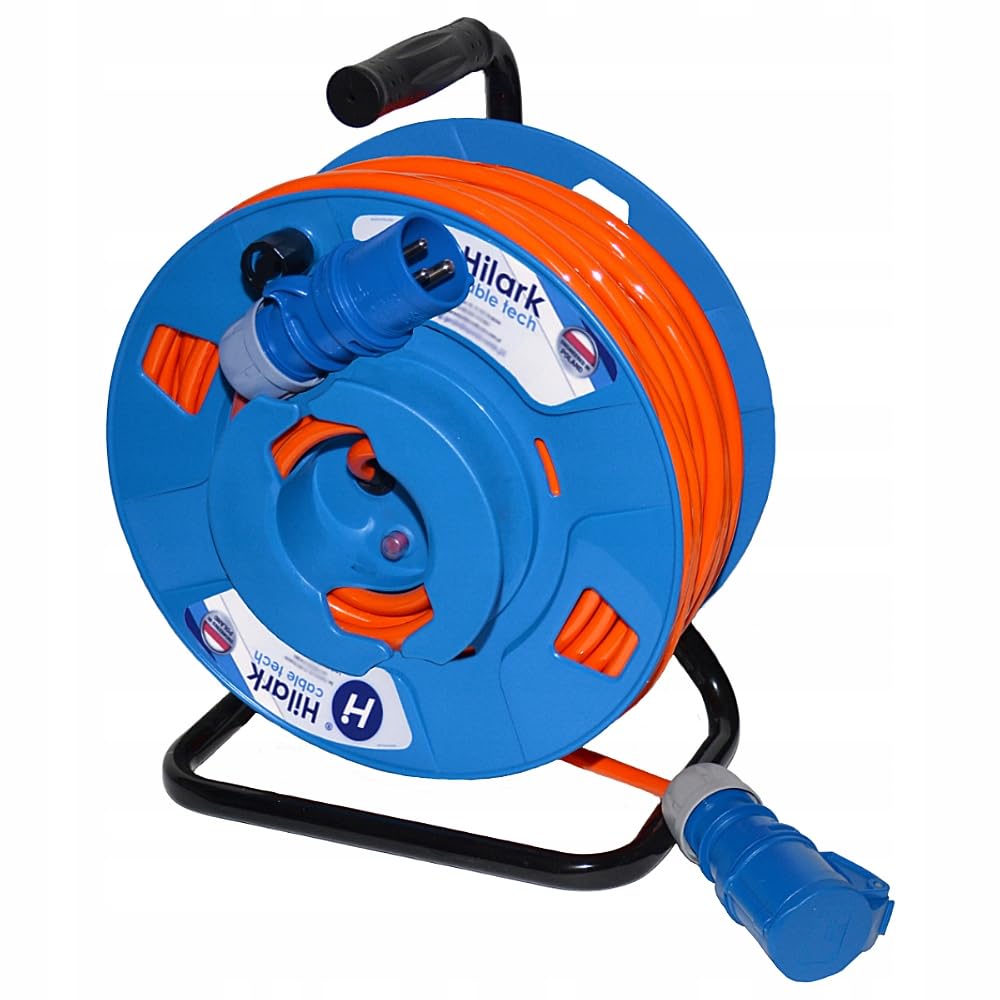 Hilark Cable Tech Orange Electric Reverse Drum Extension H07bq-F 3G2,5 Mm (3X2,5 Mm) With Cee 3-Pin Industrial Plug For Camping Car, Caravan, Boat, Construction Site - 50M