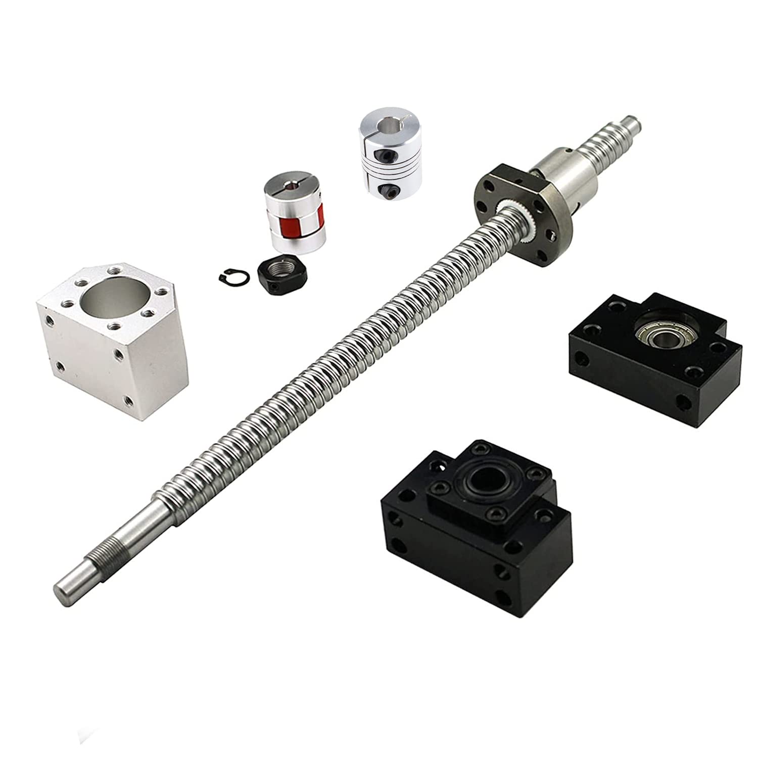 ANWOK Anti-Backlash BallScrew kit SFU1605 with End Machine +BK/BF12 End Supports +6.35mmx10mm Coupler + Ballnut Housing for CNC, Ball ScrewRM1605 Length 19.68(500mm)
