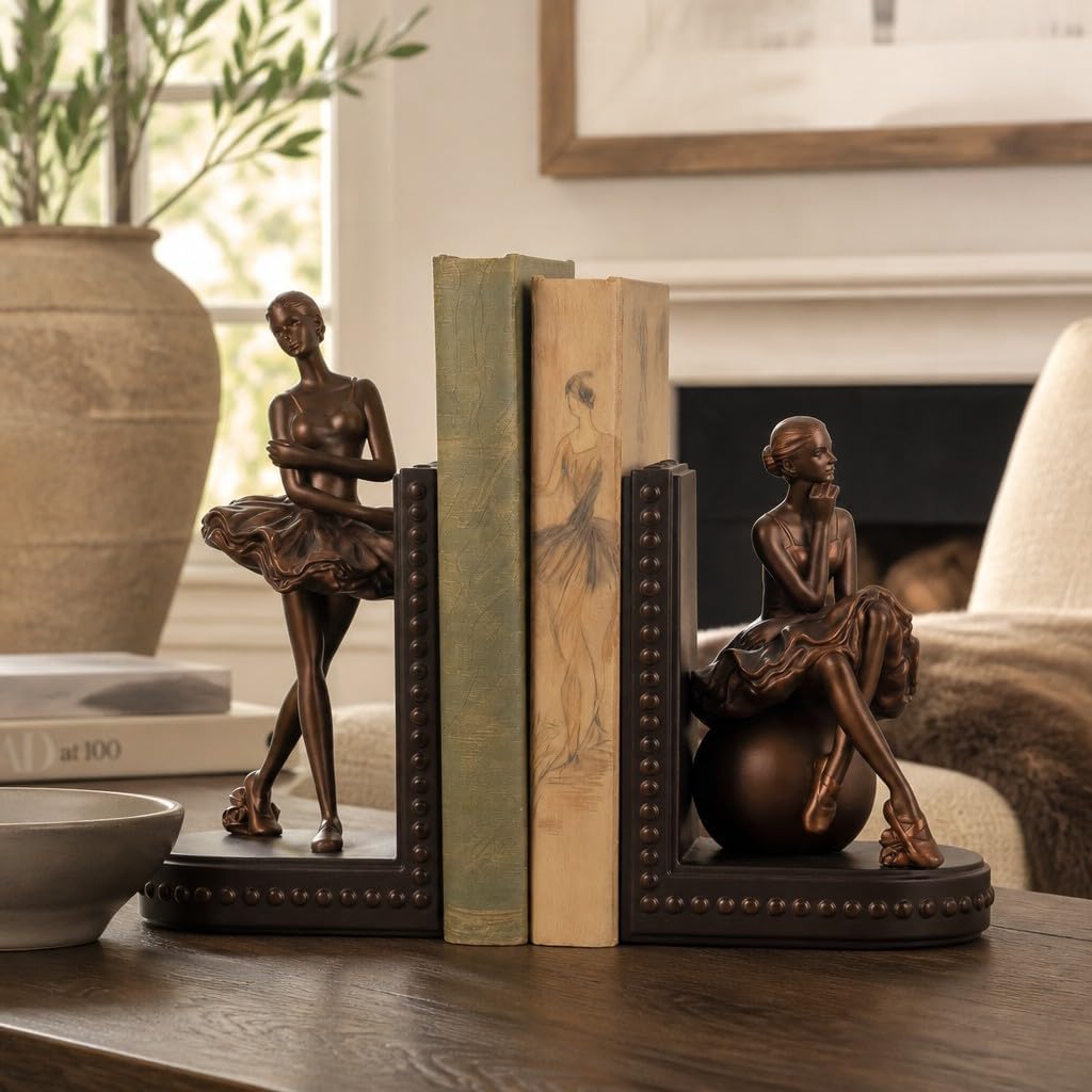 Bookends for Shelves, Ballerina Girl Figurine Decorative Bookends - Book Ends with Anti-Slip Pad for Book Lovers Dancers Heavy Book Holder for Home Office Decor (Bronze)
