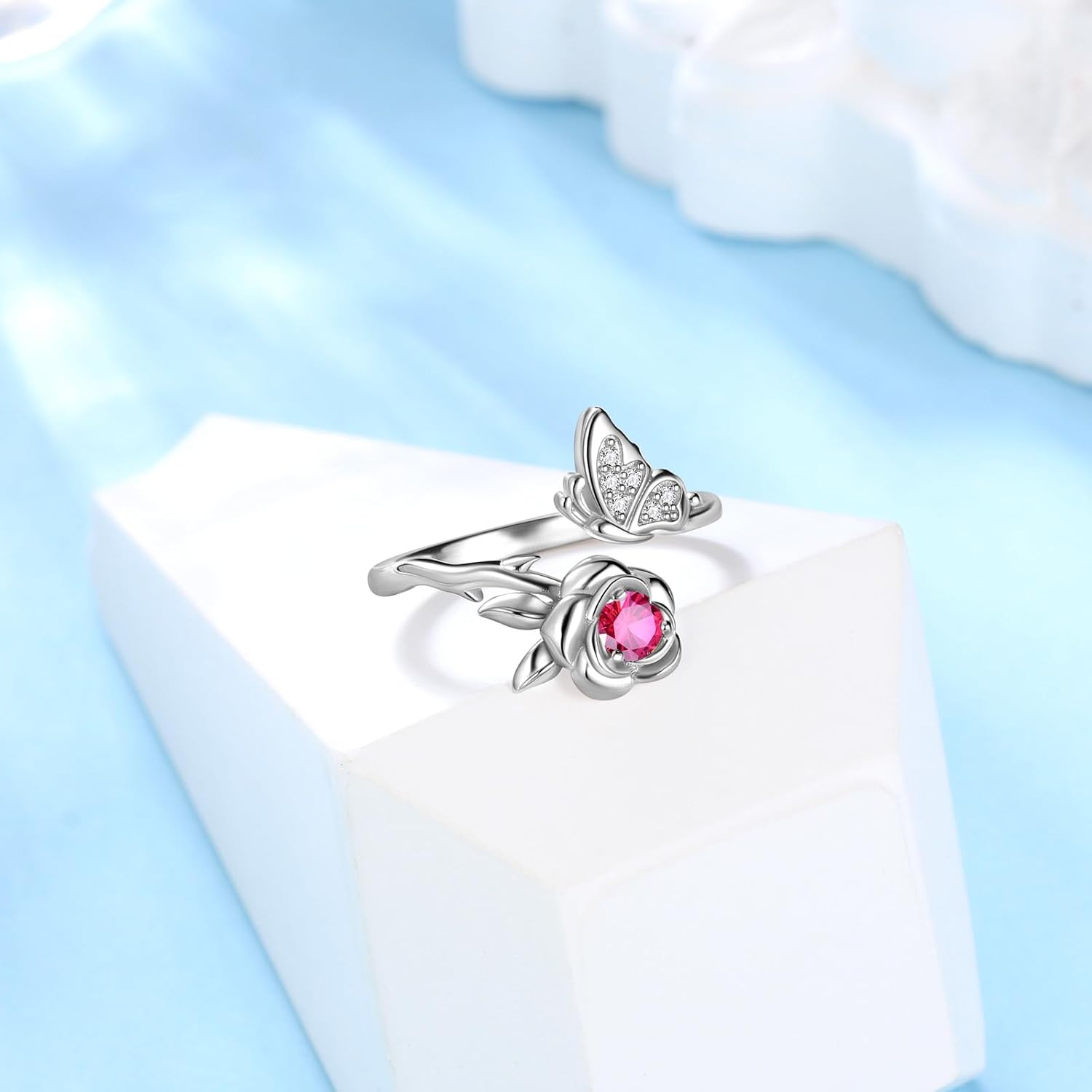 Jewmon Butterfly Rose Birthstone Ring for Women Mothers Day Jewelry Gifts for Mom 925 Sterling Silver Birth Stone Butterfly Ring Elegant Rose Promise Ring Birthstone Jewelry Gift for Girlfriend Wife