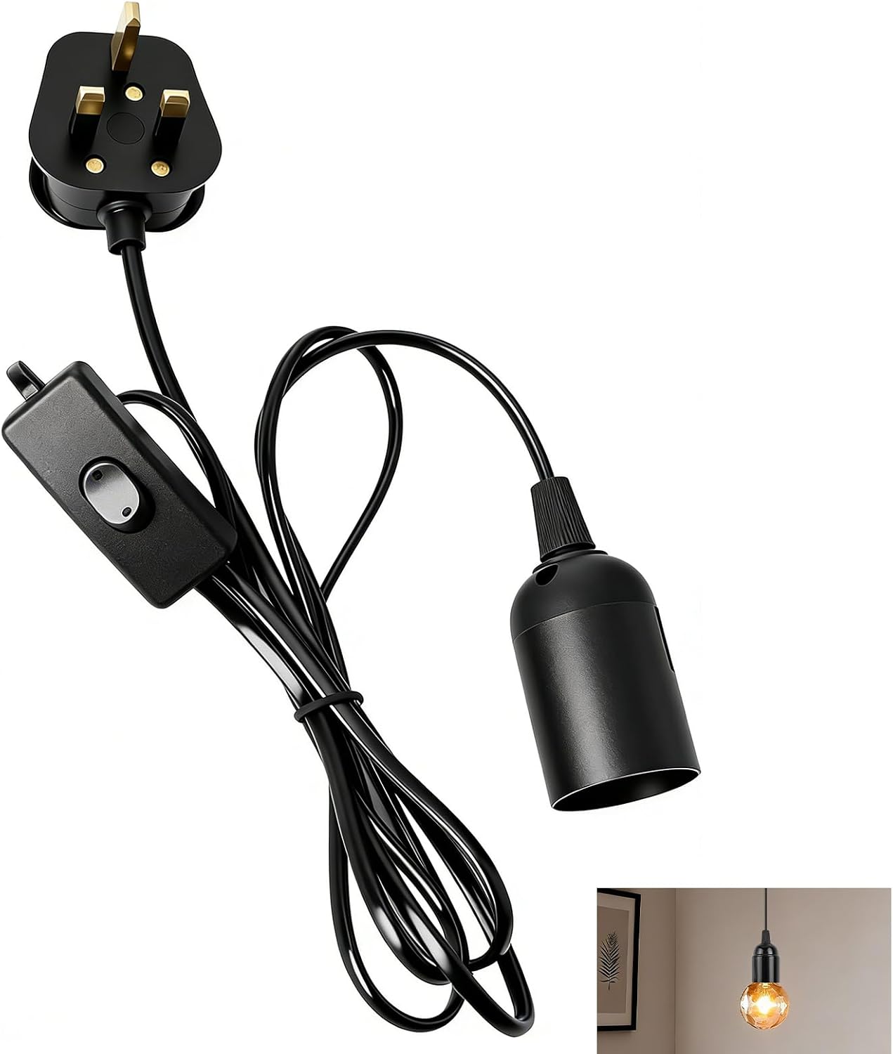 E27 Pendant Light, Ceiling Fitting with Switch, 1.8m Textile Cable, UK Plug, Adjustable Length, Compatible with E27 Bulbs, Ideal for DIY, Living Room, Bedroom, Kitchen & Home Decor Lighting (Black)
