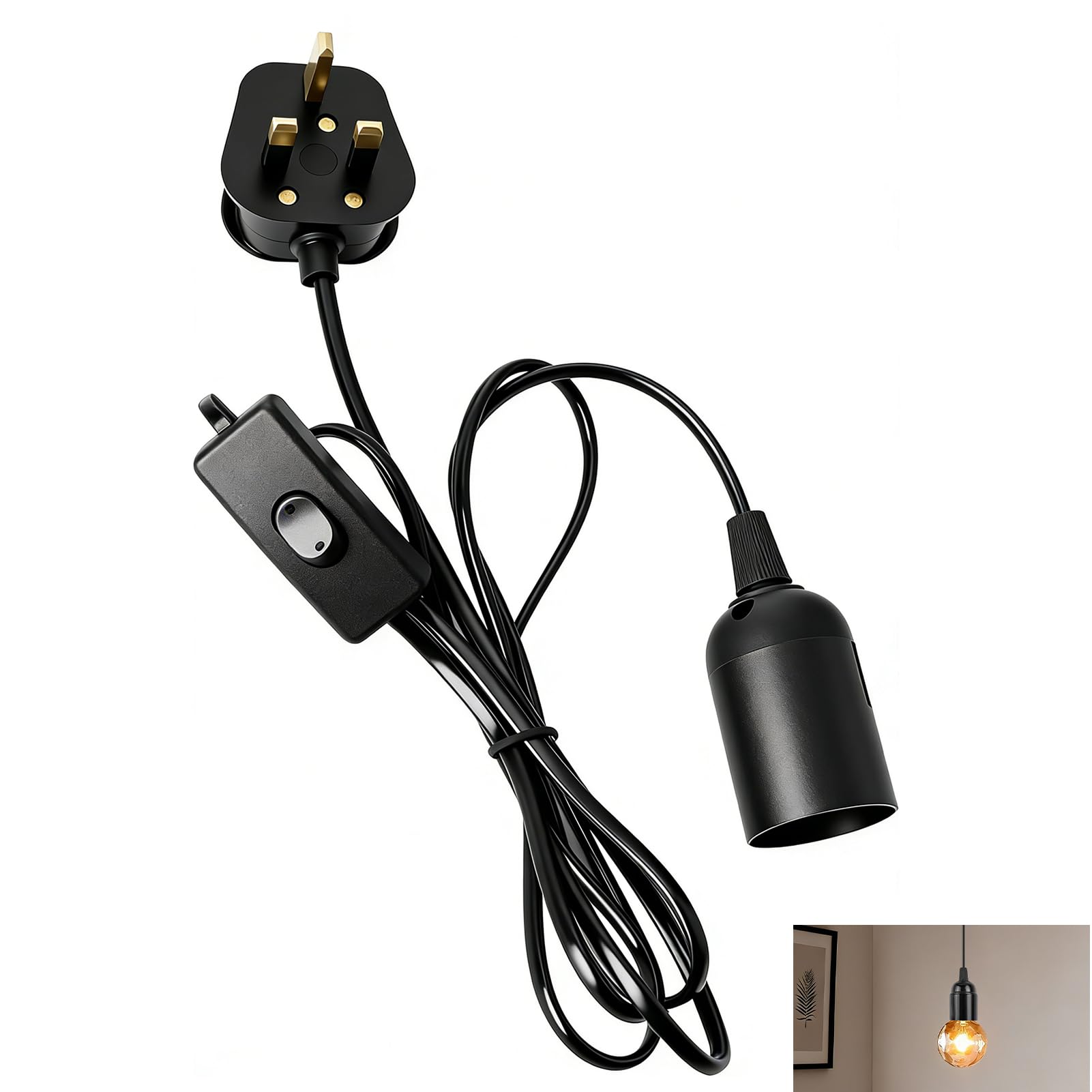 E27 Pendant Light, Ceiling Fitting with Switch, 1.8m Textile Cable, UK Plug, Adjustable Length, Compatible with E27 Bulbs, Ideal for DIY, Living Room, Bedroom, Kitchen & Home Decor Lighting (Black)