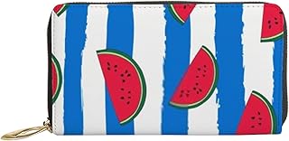 Carteiras femininas de couro legítimo vermelho melancia azul listra branca porta-cartão de crédito com zíper organizador de embreagem de couro feminino bolsa longa de viagem, Listra branca azul melancia vermelha, 7x4.3x0.8 Inches