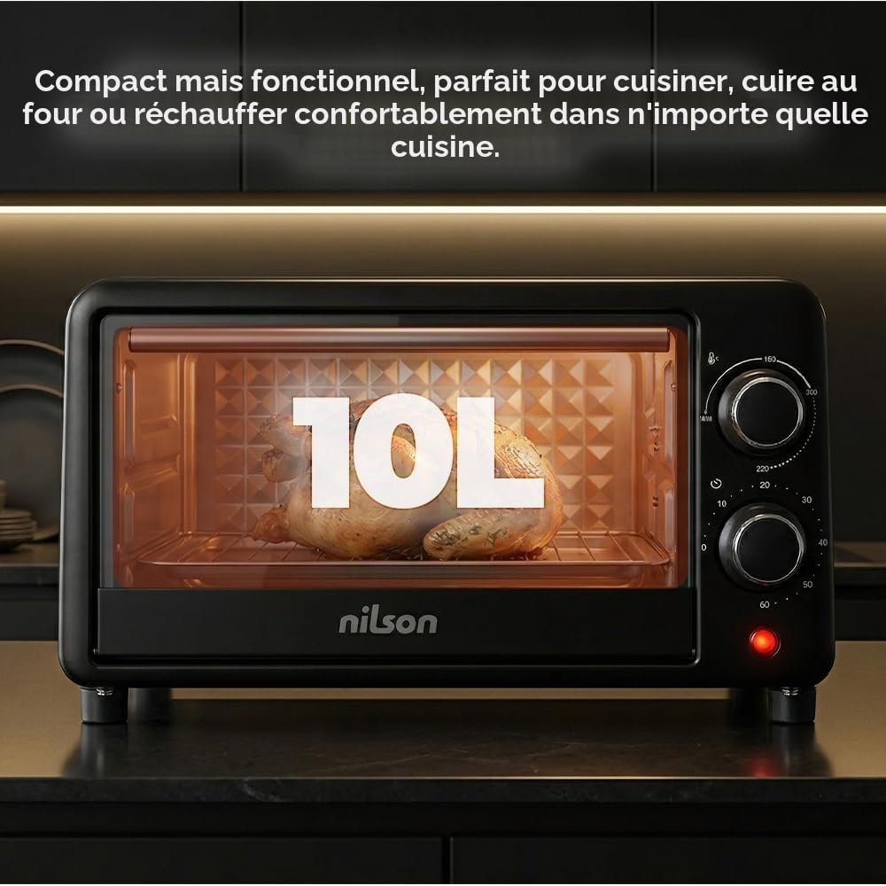 Four de Table de 10 L, Compact, 1000 W, Commande Mécanique, NHS1000N, Thermostat Réglable, Température Maximale 230°, Minuteur 60 min, Plateau Émaillé et Grille Métallique Inclus