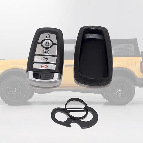 Miniatura 5 de YJMOTOR Funda protectora de goma de silicona suave con textura de fibra de carbono con llavero para Ford Bronco Mustang Fusion Raptor F150 F250