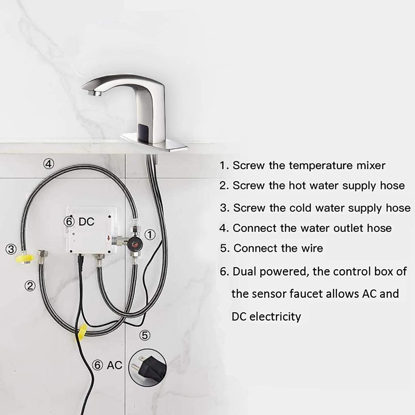 Automatic Sensor Touchless Bathroom Faucet Brushed Nickel Motion Actived Solid Brass Bathroom Sink Faucet with Hole Cover Plate Hands Free Vanity Faucets 2 Deck Mount