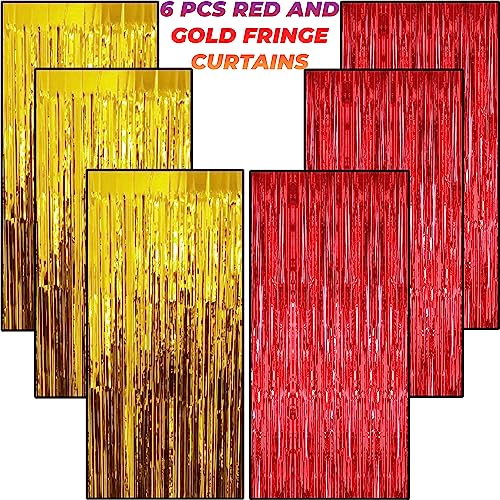 Image of 6 Pieces Foil Fringe Tinsel Party Curtains for Photo Backdrop (GOLD-RED) | Fringe Curtains for Decoration | Foil Curtains for Birthday Decoration, Anniversary, Bachelorette, Valentines Day