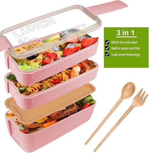 Miniatura 2 de Iteryn Lonchera Bento Box, contenedores con compartimentos 3 en 1, popote de trigo, a prueba de fugas, ecológica, lonchera Bento para preparación de