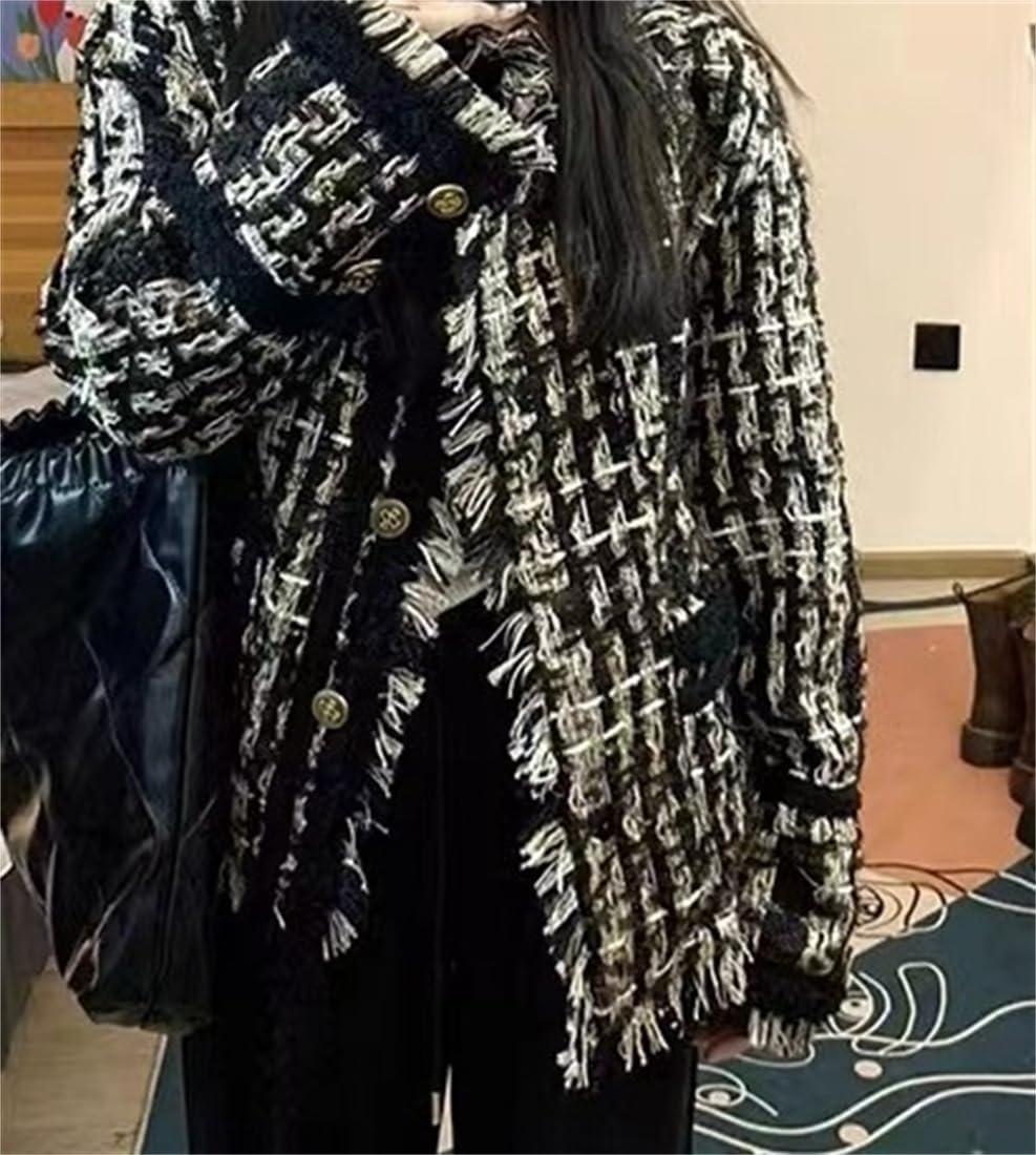 [YUANYUAN] HAUTEツイード ジャケット レディース ツイードコート アウター ショート チェック柄ジャケット ノーカラ