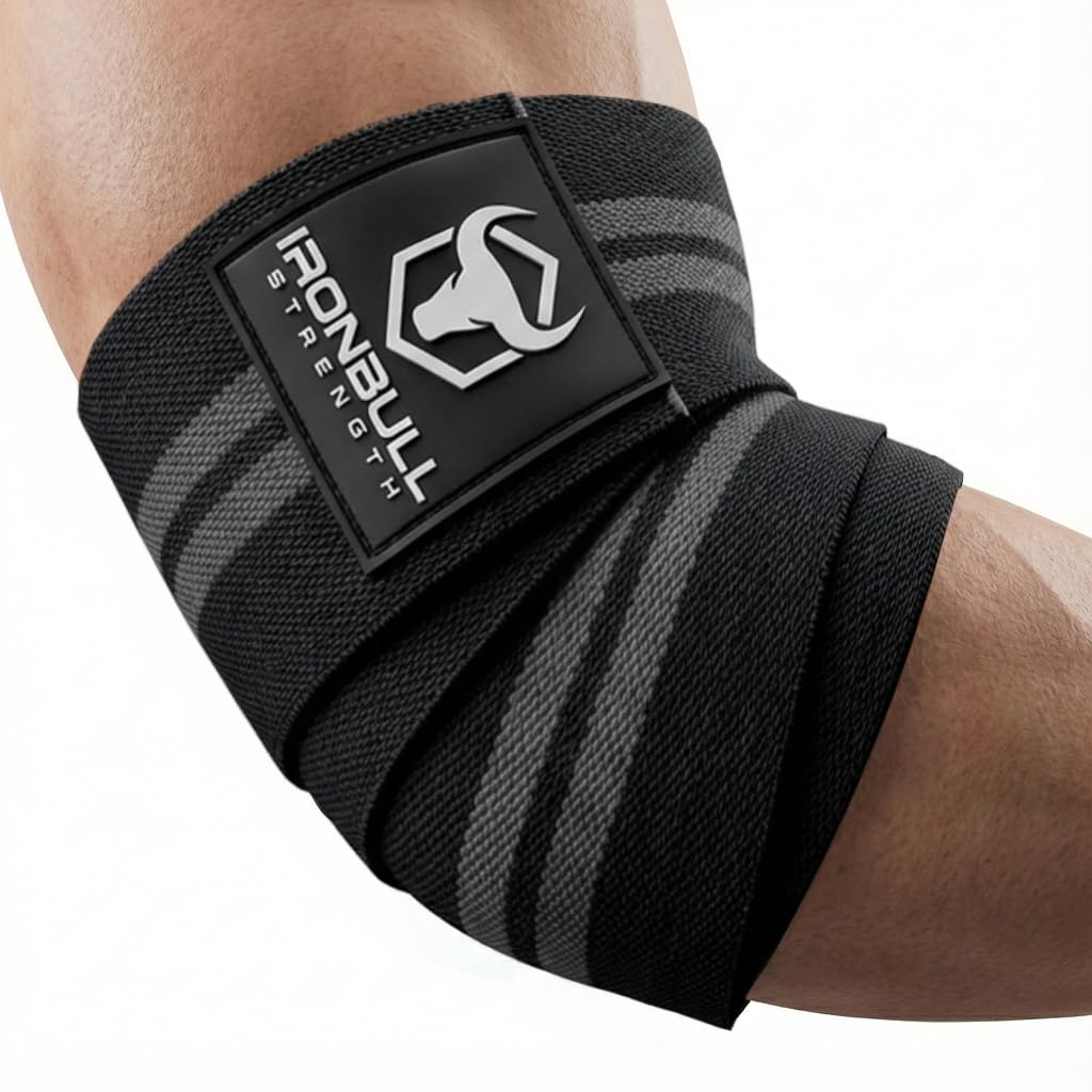 Elbow Wraps (1 Pair) - 40" Elastic Elbow Support & Compression - For Weightlifting, Powerlifting, Fitness, Cross Training & Gym Workout - Elbow Straps for Weight Lifting (Black/Grey)