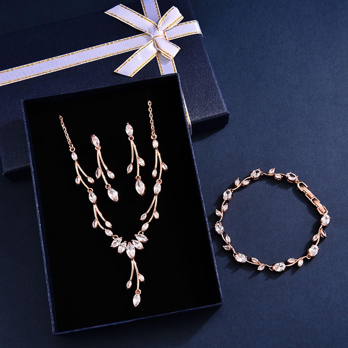 GULICX Jewelry Set for Womens, Rhinestone Necklace and Earrings Bracelet Set, Wedding Party Prom Jewelry Set for Brides Bridesmaid - Image 2