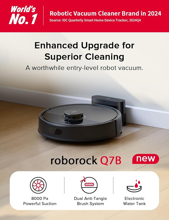 roborock Q7B Robot Vacuum, 8000Pa Suction, Precise Obstacle Avoidance, Dual Anti-Tangle Brushes, Electric Water Tank, APP-Controlled, Perfect for Pet Hair