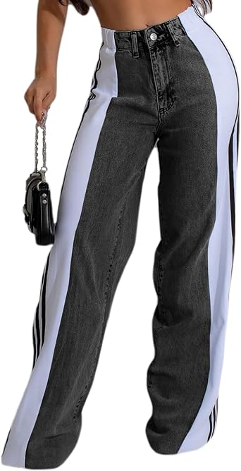 Conshvi Womens Wide Leg Jeans Striped Patchwork High Waisted Stretch Baggy Jeans Trendy Color Block Straight Leg Denim Pants