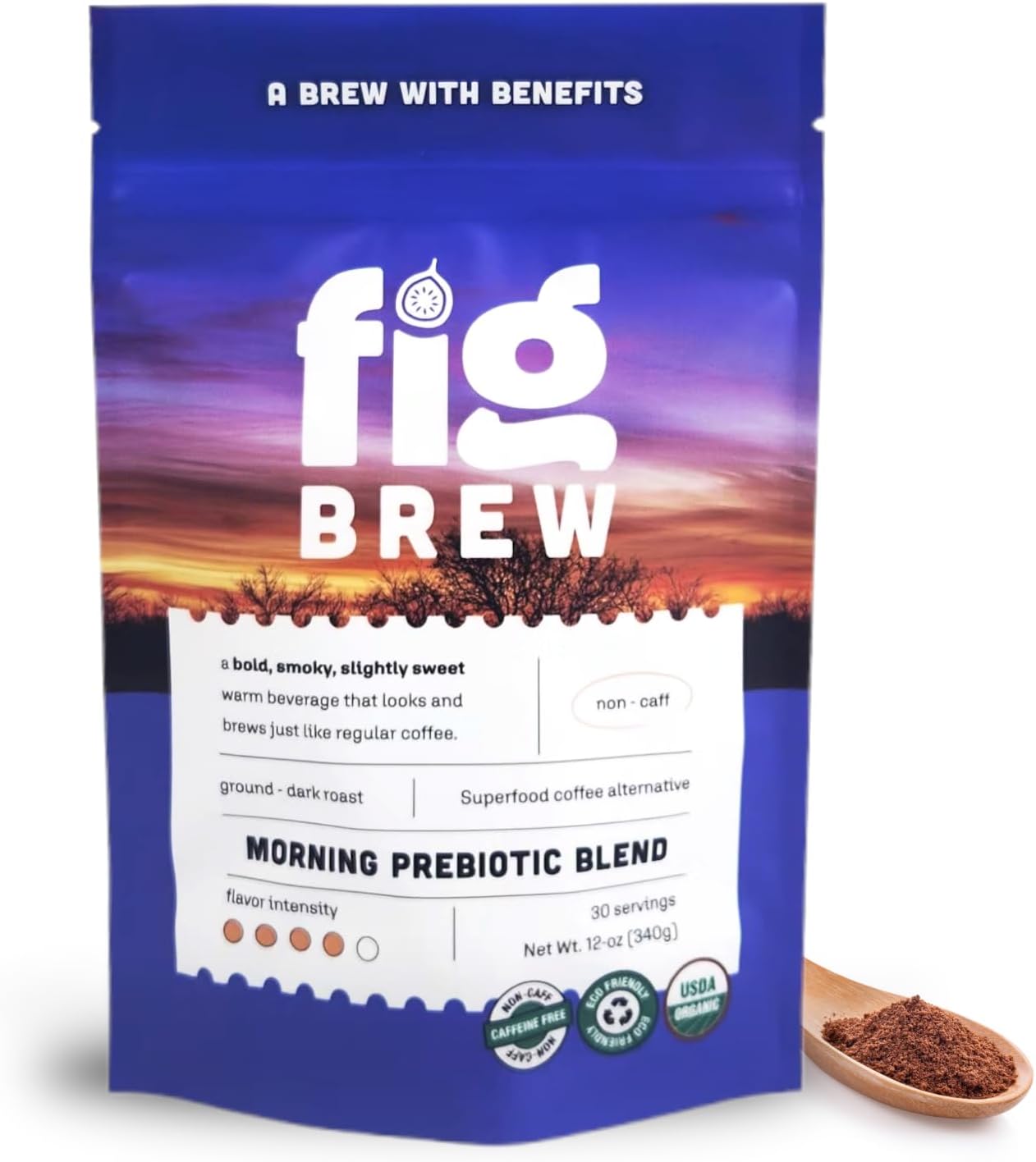FigBrew Morning Prebiotic Blend Coffee Alternative, Adaptogen-free, Caffeine-free, Ground, Dark Roast, 12-oz, 30-servings, USDA Organic, Made in USA