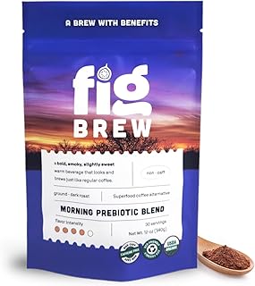 FigBrew Morning Prebiotic Blend Coffee Alternative, Adaptogen-free, Caffeine-free, Ground, Dark Roast, 12-oz, 30-servings, USDA Organic, Made in USA