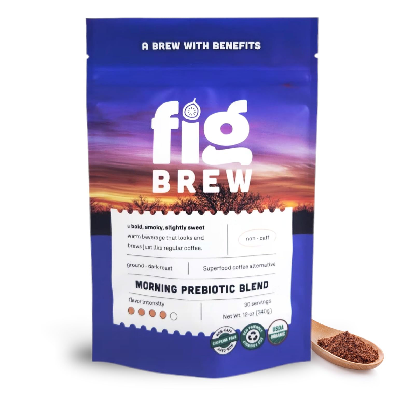 FigBrew Morning Prebiotic Blend Coffee Alternative, Adaptogen-free, Caffeine-free, Ground, Dark Roast, 12-oz, 30-servings, USDA Organic, Made in USA