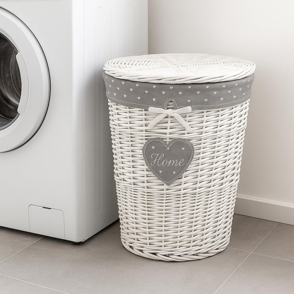 CESTA OVALE IN VIMINI BIANCA DECORO CUORE PORTABIANCHERIA 49*36*55 CM
