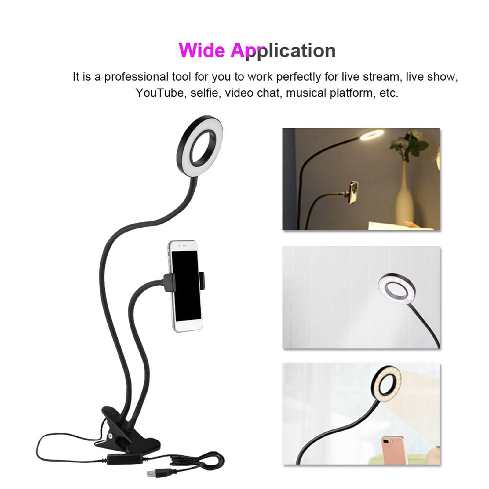 Estink Lampa Pierścieniowa do Selfie z USB, 3 Tryby Świecenia, Regulowana Jasność, Elastyczne Ramię, Obrót 360 Stopni, ze Statywem i Uchwytem na Telefon