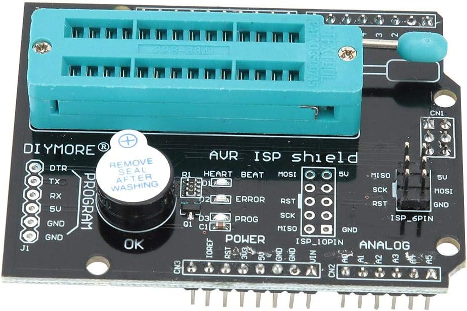 Close-up of the Walfront Programmer Expansion Board showing the ZIF socket, LEDs, and buzzer