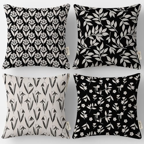 Vargottam 18x18 Inch Cushion Covers Set of 4 - Premium Cotton, Leaves Print, Reversible Printed Pillow Covers with Concealed Zipper - Black