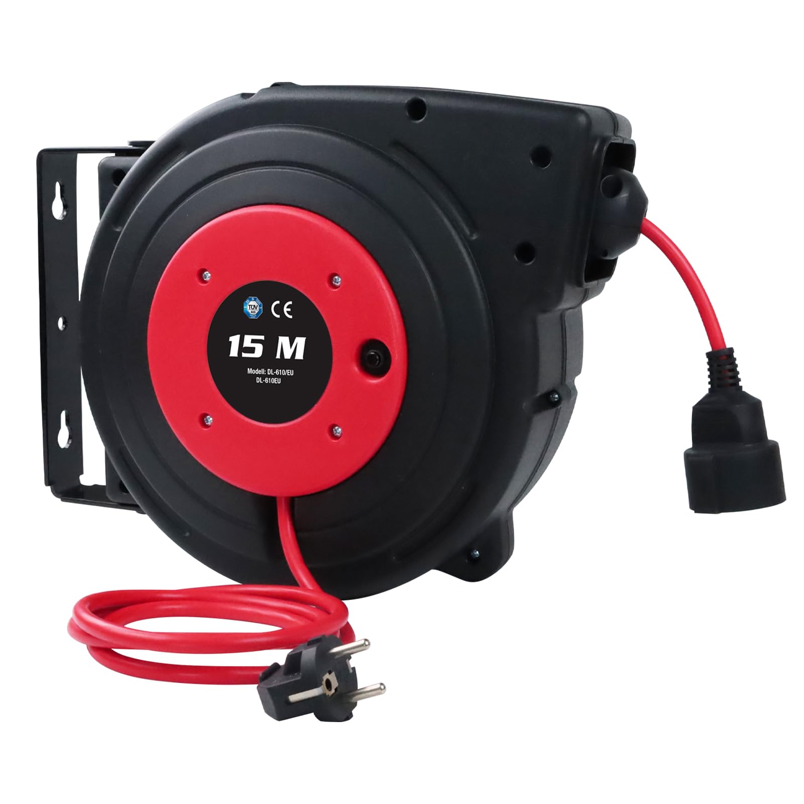 Avvolgicavo 15 m + 2 m, 2300 W, cavo di prolunga montato a parete, avvolgimento automatico, rotazione di 180°, rilevamento TÜV, materiale di installazione incluso