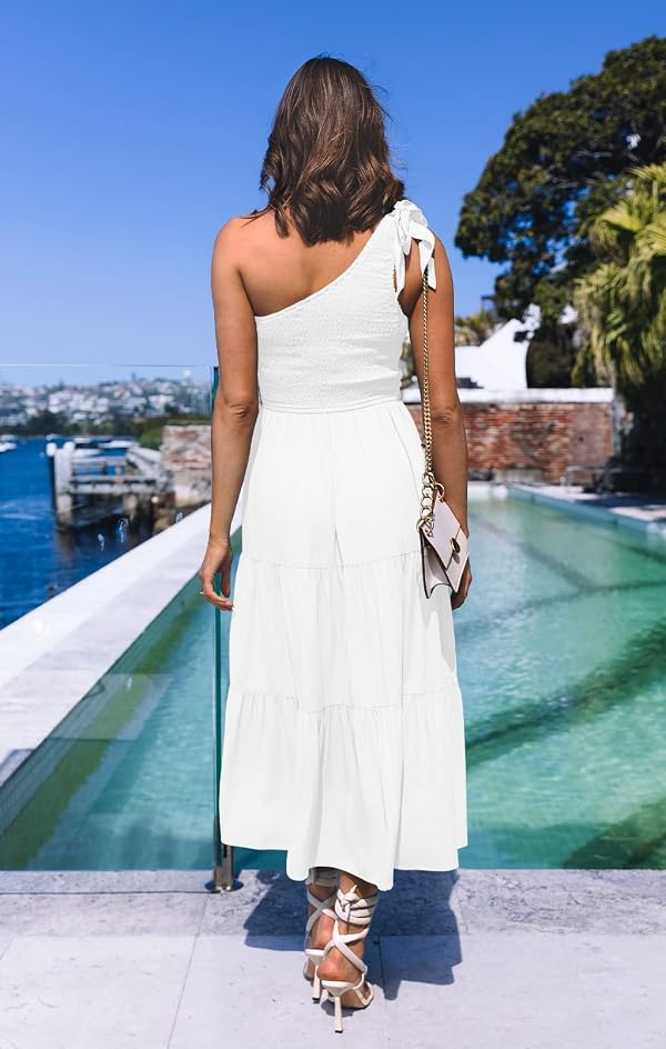 MEROKEETY Women's Summer One Shoulder Sleeveless Knot Smocked Midi Dress Split Tiered Flowy Dresses, White, XL by MEROKEETY - Used condition - Image 3
