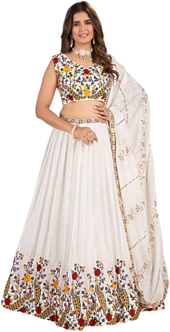Women's Lehenga Choli, White, Floral Peacock Embroidered Crop Top with Dupatta, Festive Ethnic Wear