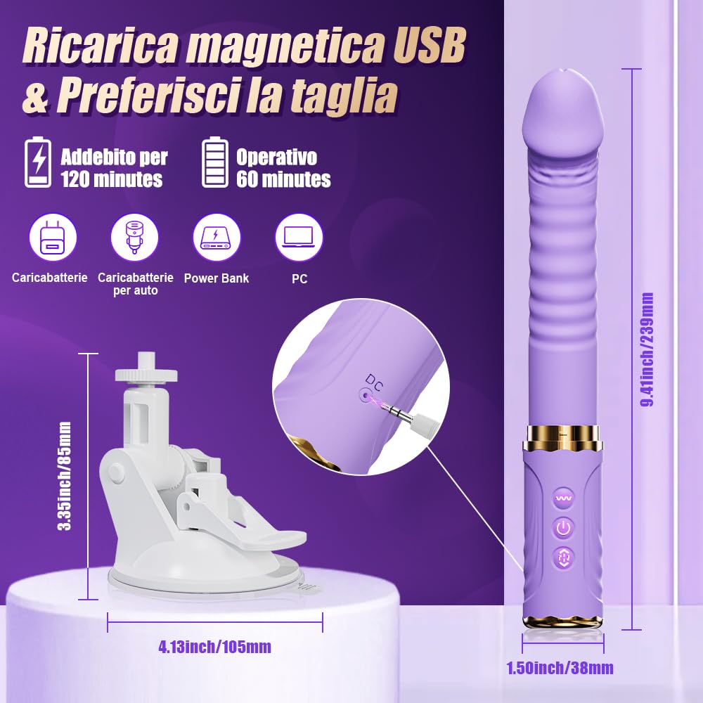 Dildo Vibratoreper Donna Professionale Giocattolo Sessuale a Mani libere Sex Toys 10 Modalità di Spinta e Vibrazione Adatto per la Stimolazione Punto G del Clitoride Anale Ventosa Rimovibile (Viola)