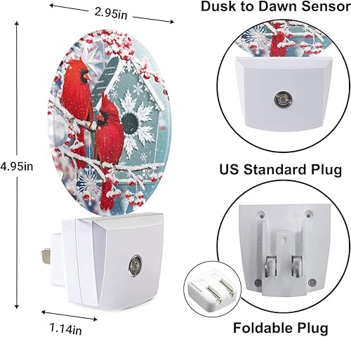 Miniatura 3 de Uanvaha Luz nocturna cardenal del norte, pájaro, pareja, en rama de abeto, nieve, caída, luces nocturnas, enchufables a la pared, 0.5 W, luces LED
