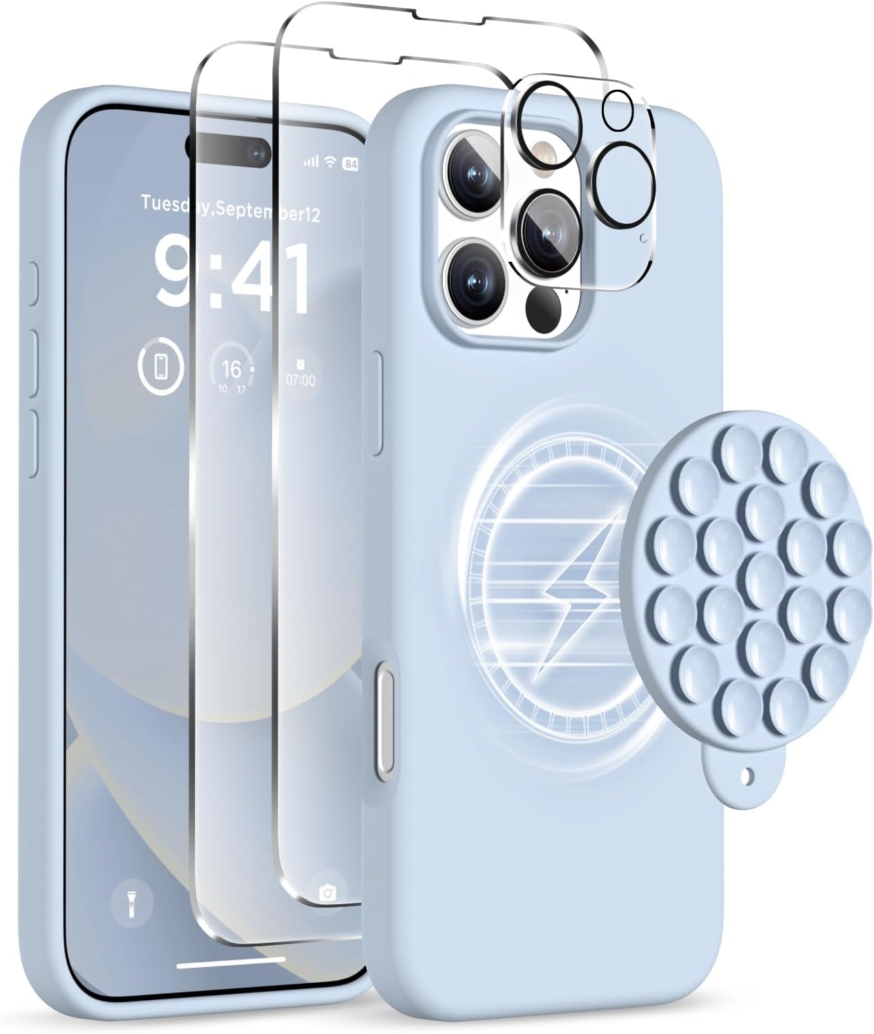 Magnetic for iPhone 16 Pro Max Case, Compatible with Magsafe, Suction Cup Phone Mount, [2 Screen Protectors][Camera Protector] Silicone Shockproof Protective Phone Cover 6.9", Baby Blue