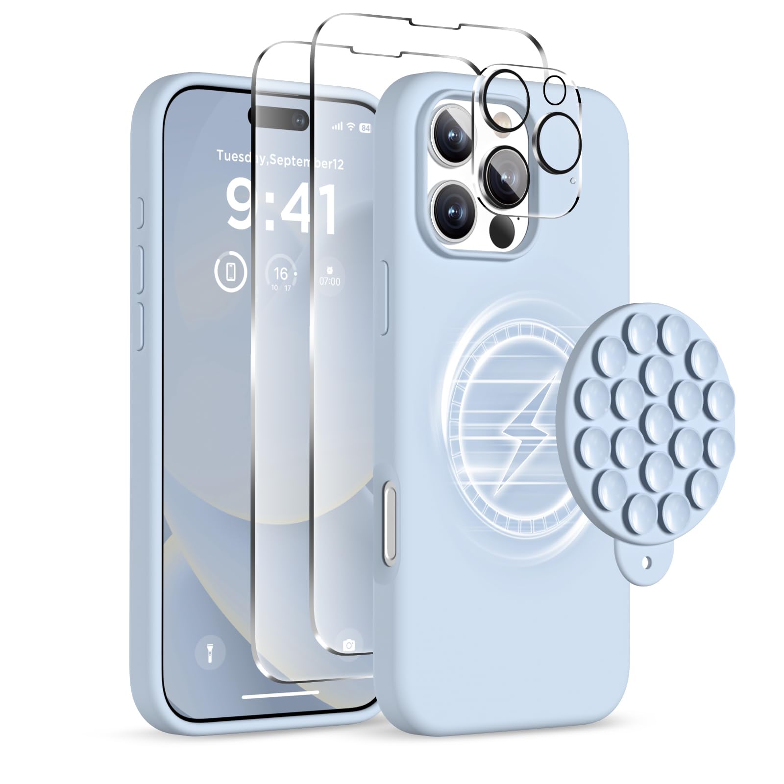 Magnetic for iPhone 16 Pro Max Case, Compatible with Magsafe, Suction Cup Phone Mount, [2 Screen Protectors][Camera Protector] Silicone Shockproof Protective Phone Cover 6.9", Baby Blue