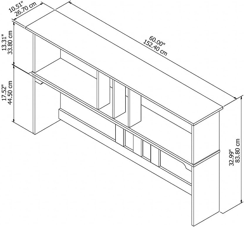 Diagram showing the dimensions of the Bush Furniture Salinas 60W Hutch.