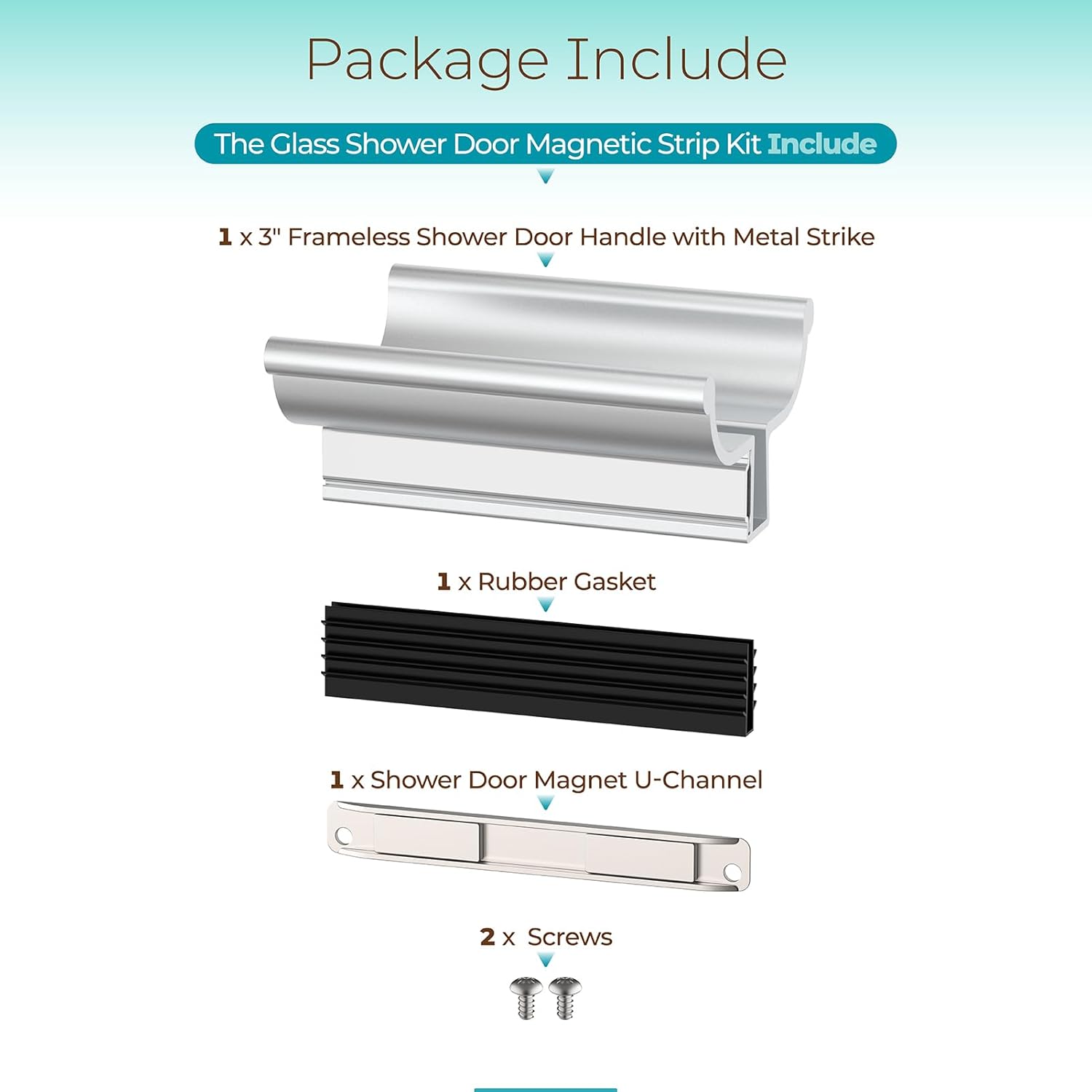 3-3/4" Bright Chrome Frameless Shower Door Handle with Metal Strike,Stainless Steel U-Channel with Magnet for Swing Glass Door Thickness 1/8",5/32",3/16" and 1/4",Shower Door Replacement Parts