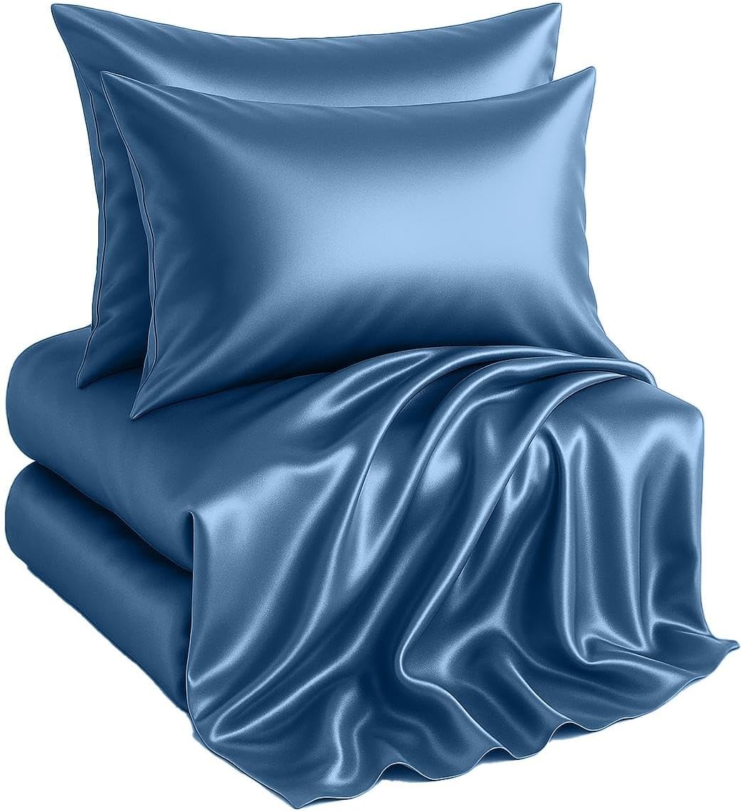 Casa Platino Satin Sheet Set King Size - 4 Pieces - Soft Like Silk - 1 Deep Pocket Fitted Sheet, 1 Flat Sheet & 2 King Pillowcases - Hotel Quality Luxury Bed Sheets - Machine Washable - Dark Blue