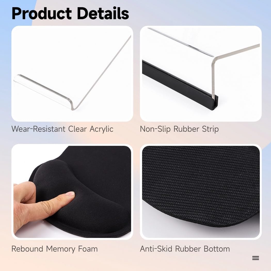 3 Pcs Elevated Acrylic Keyboard Riser Wrist Rest Set Stand, Tilting Non-Slip Mouse Pad Wrist Rest, Keyboard Holder for Typing Ergonomic Working, Memory Foam Wrist Supports