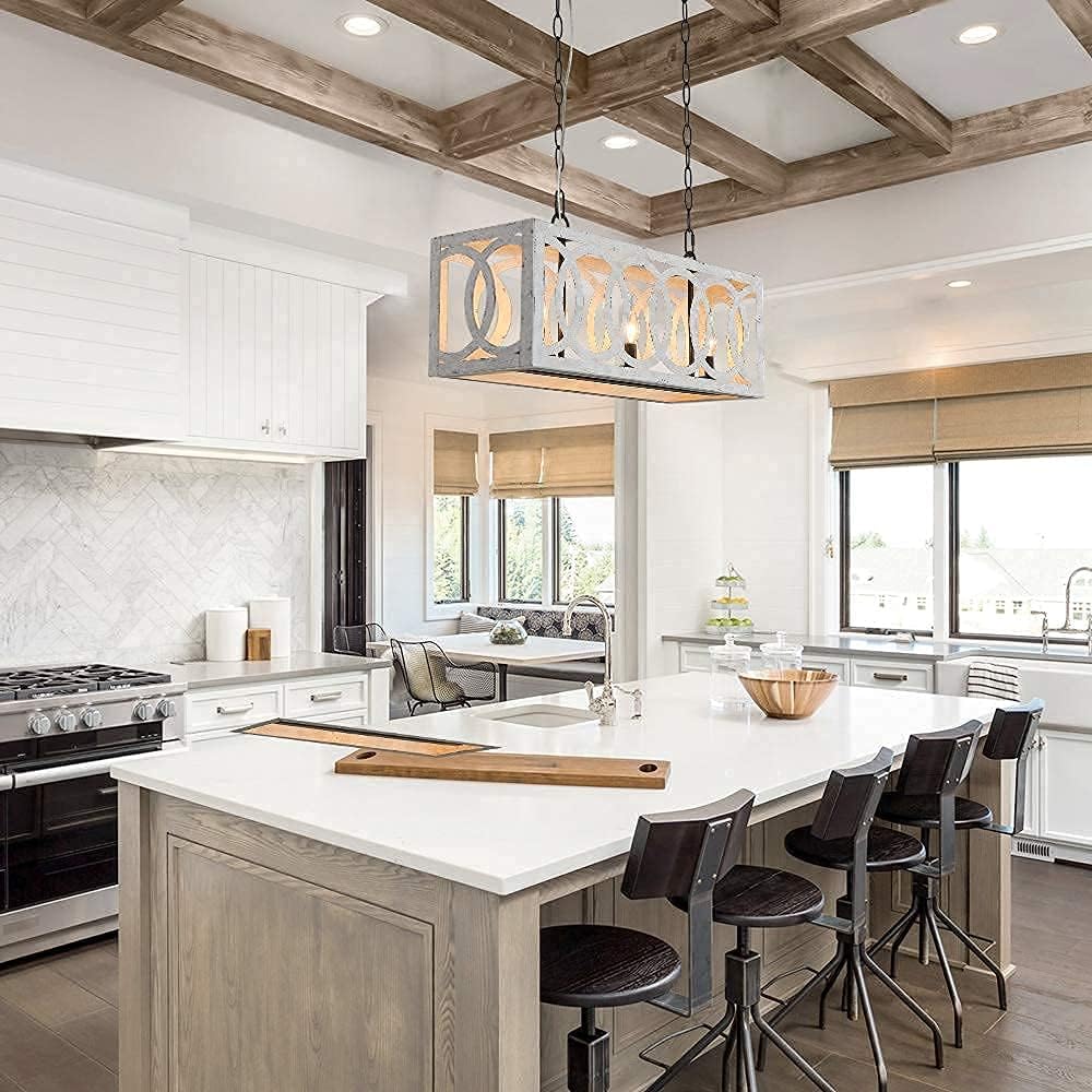 Amazon Crazy 🔥 Deals PHILOMENA Dining Room Rectangular Linear Chandelier, Wood French Country Modern Farmhouse Distressed White 3-Light Metal Kitchen Island Light Fixtures Ceiling Hanging Foyer Pendant Lighting