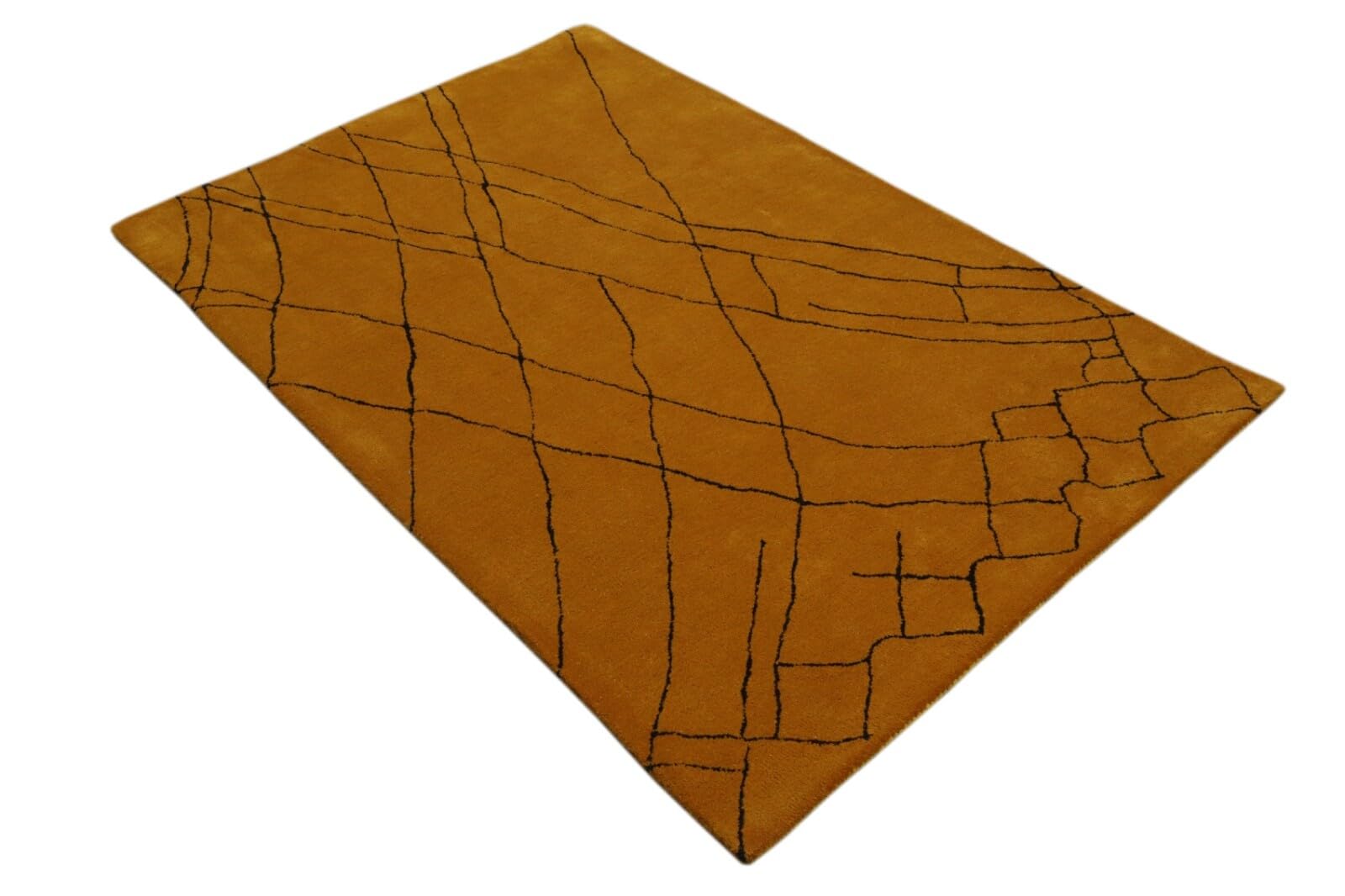 HT308 Tapis en laine 120 x 180 cm Jaune moutarde Noir Moderne Lignes Tapis touffeté à la main
