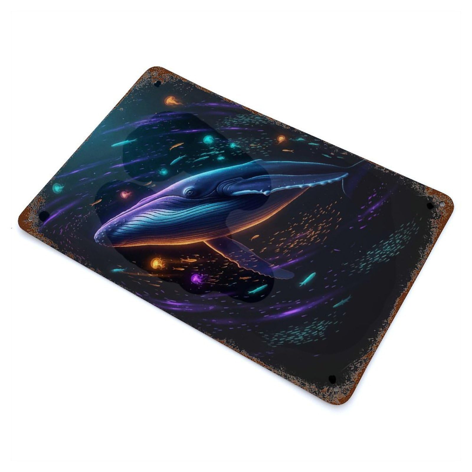 Neon Whale Deep Sea Rustic Tin Plaque 11.8"x7.9", Industrial Home Decor for Pub, Kitchen And Man Cave Decor