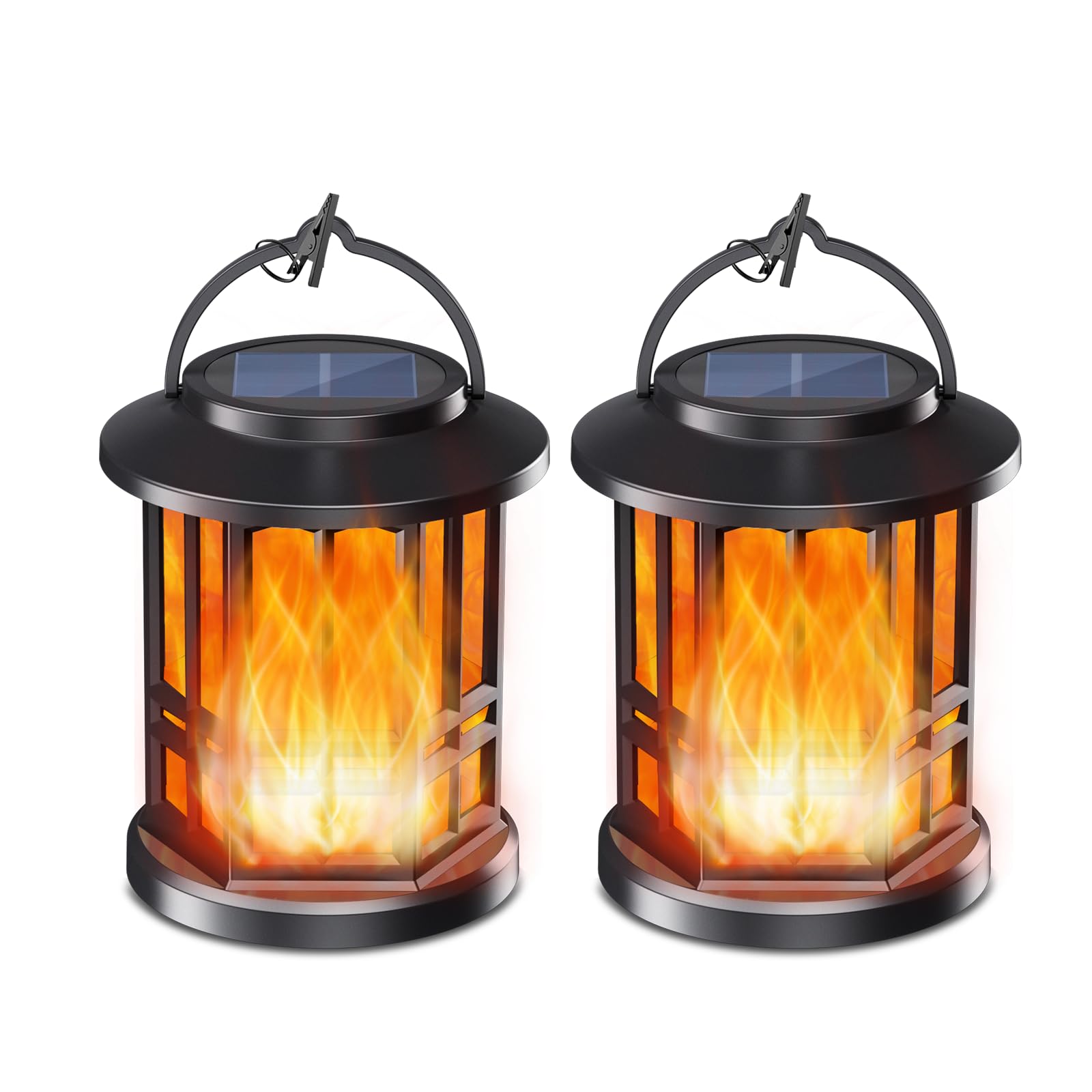 Paquete de 2 faroles solares para exteriores, linternas solares para exteriores, impermeables, llama parpadeante mejorada, luces solares colgantes, linternas solares para decoración de patio y