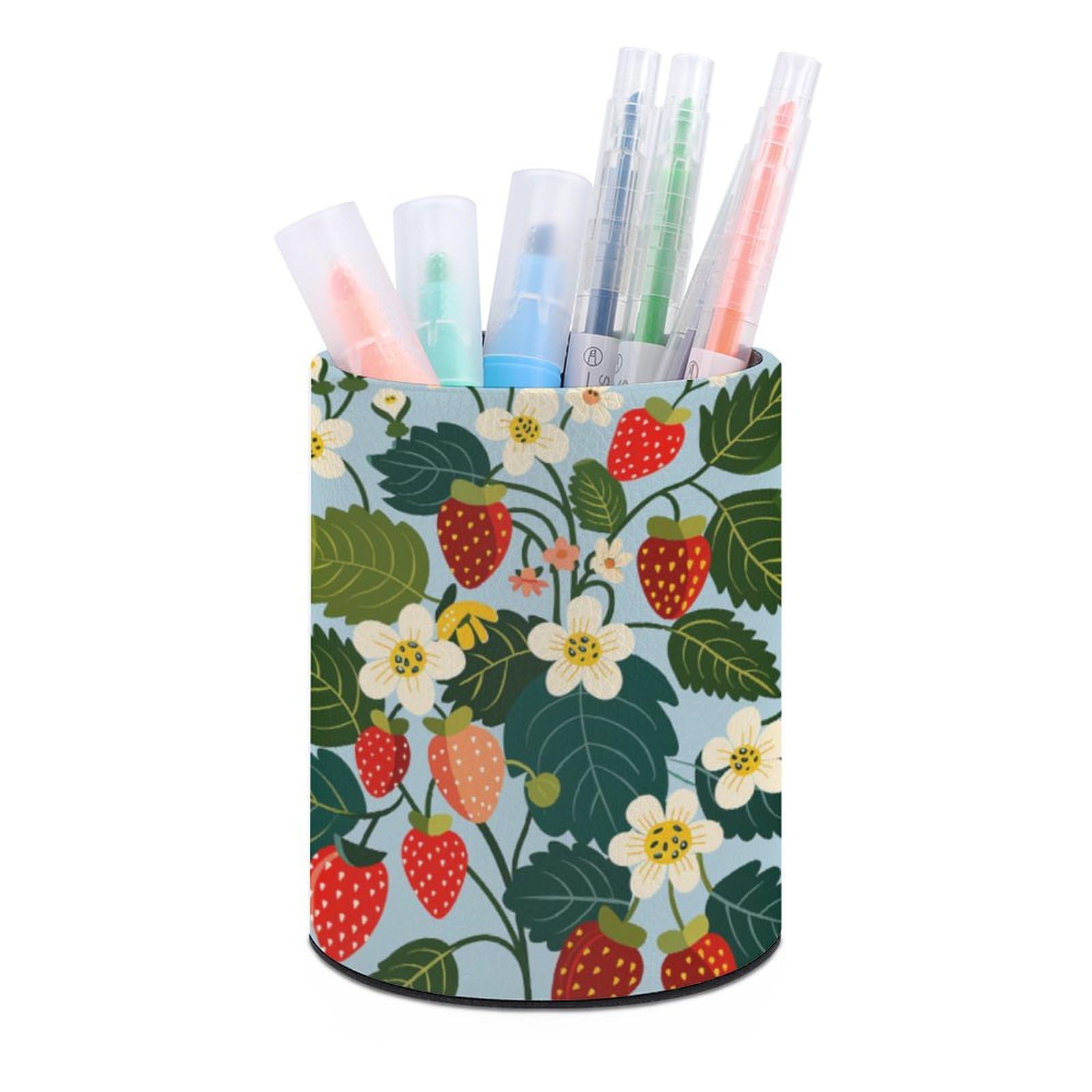 JTREHY Round Pen Holder,Strawberries And Flowers Printed Makeup Brush Storage Box for Home Office Dressing Table
