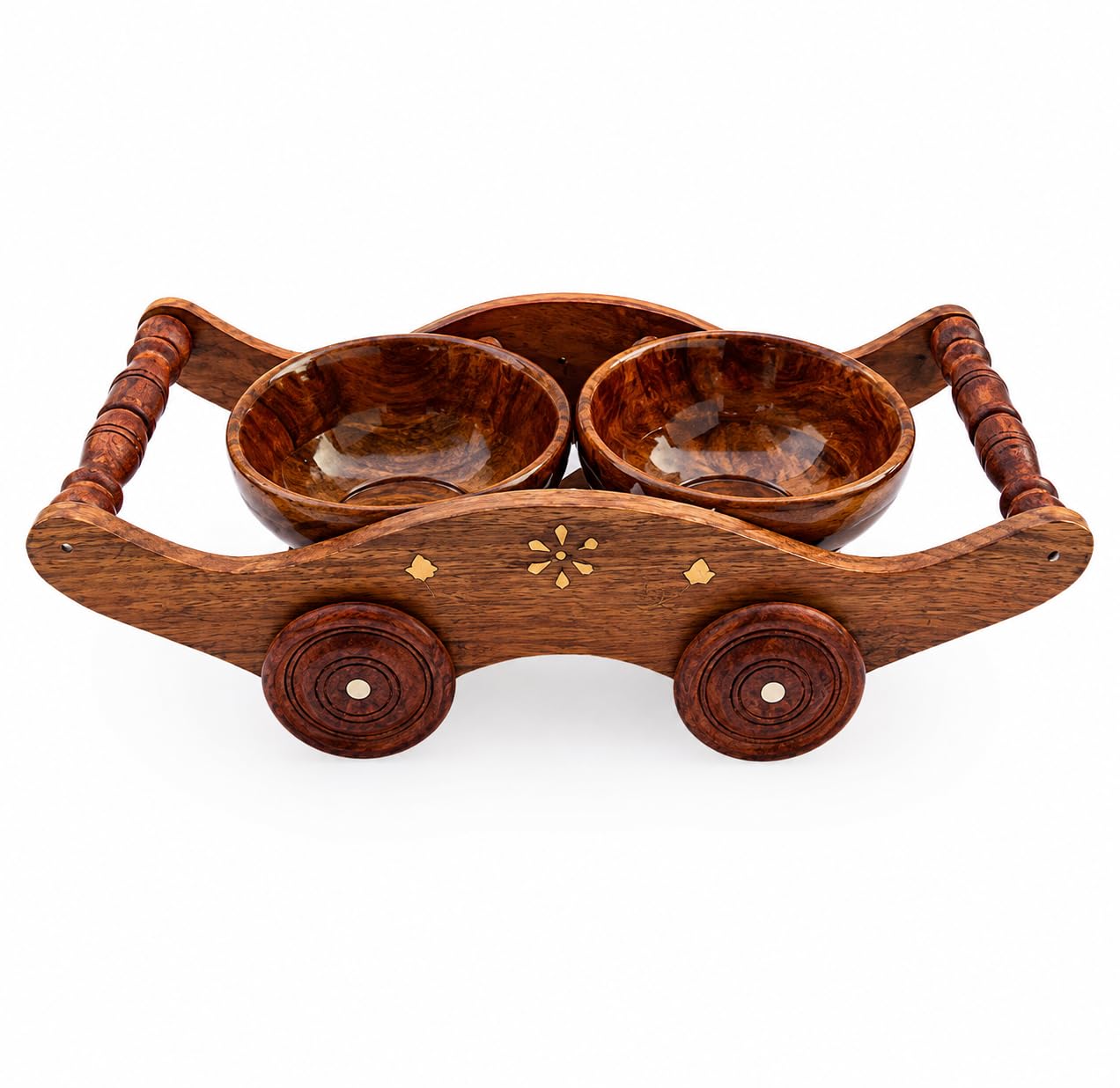 Wooden Trolley Serving Tray with 2 Bowls, Brass Inlay | Cart Design, Handcrafted Wood, Dry Fruit Serving, Decorative Wheels, Table Centrepiece-image-36