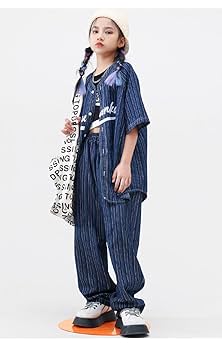 ネイビー ダンスウェアセット Amazon.co.jp: DEBLE紺色 ストライプ 柄 キッズ ダンス衣装