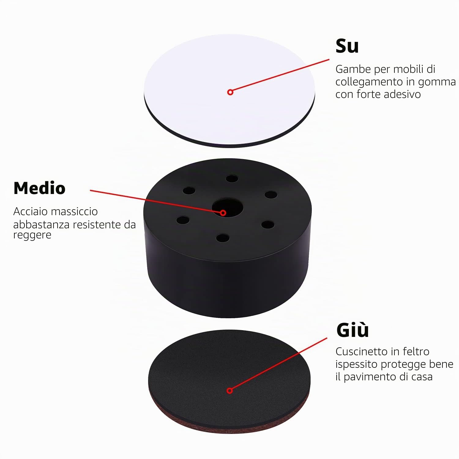 RCHYFEED Rialzi per Mobili da 38 mm Resistenti, Autoadesive Alzata Riser per Mobili Aggiunge 1,5" di Altezza ai Letti, Piedini per Letto Acciaio Diametro 2,4", 4 PZ Gambe per Mobili Protegge Pavimento