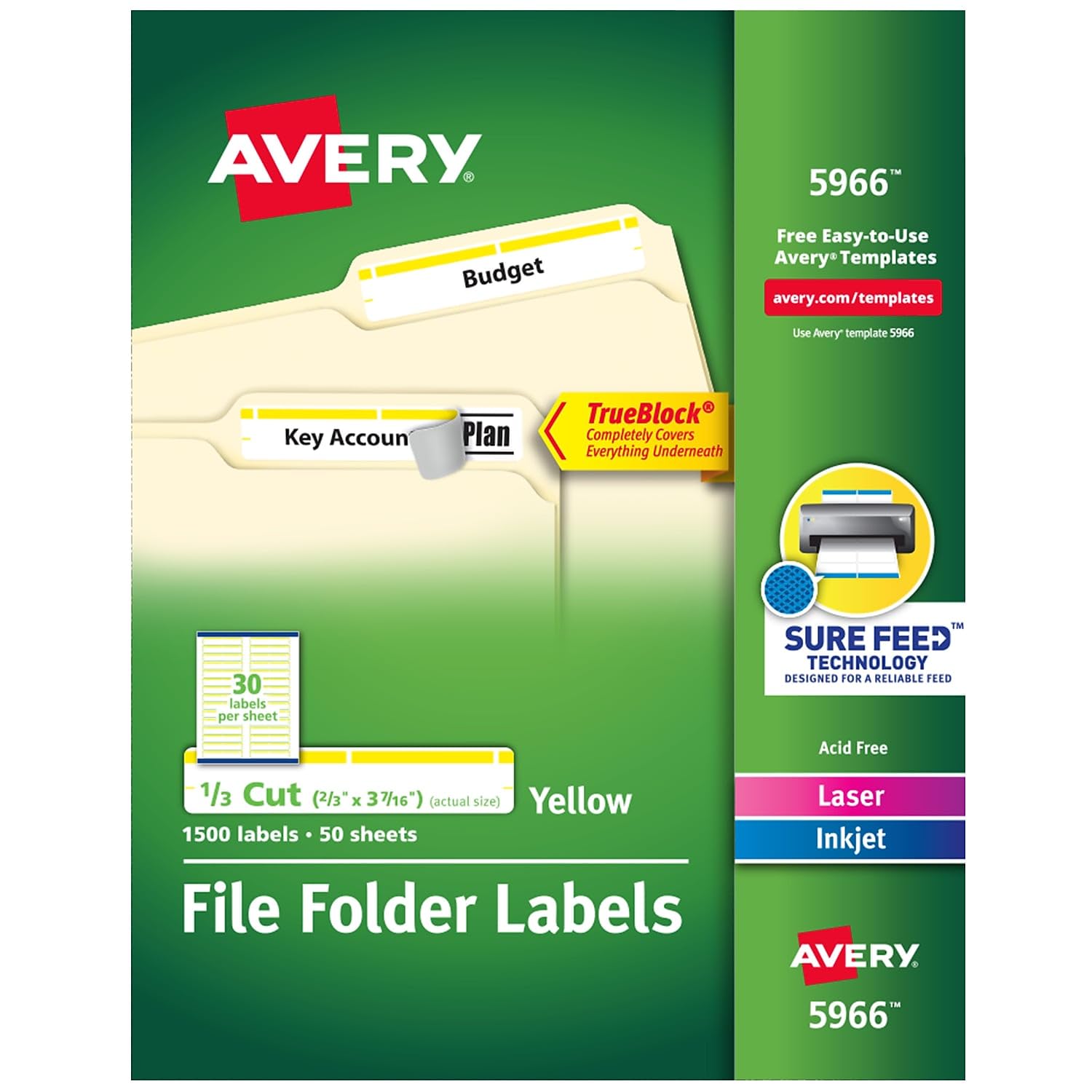 Avery 5966 Permanent Filing Labels, 1/3 Cut, 1500/BX, Yellow