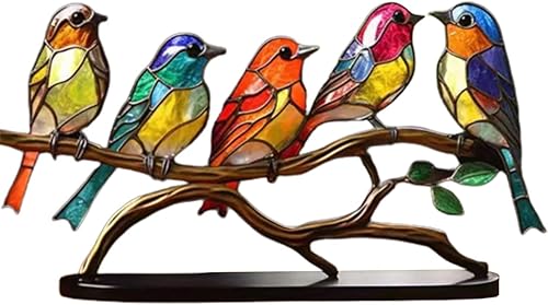 Pájaros de metal, pájaros de vidrio manchado en rama, adorno de estatua de pájaro, decoraciones de aleación de serie de pájaros, pájaros de