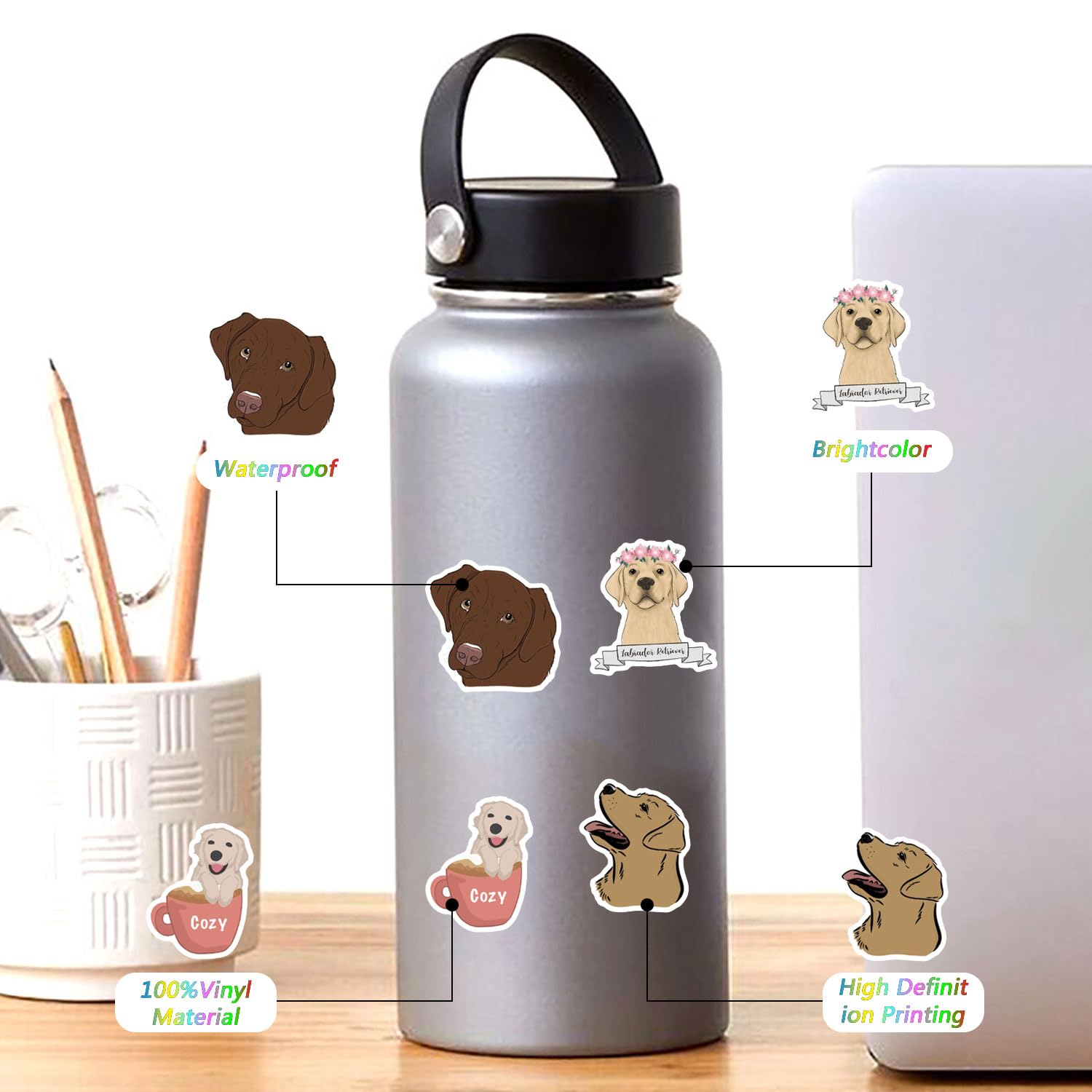 60pcs Labrador Retriever Stickers Vinyl Waterproof Aesthetic Cute Cartoon Animals Dog Decals Stickers for Laptop Water Bottles Skateboard Book Scrapbook Luggage Decals for Adults