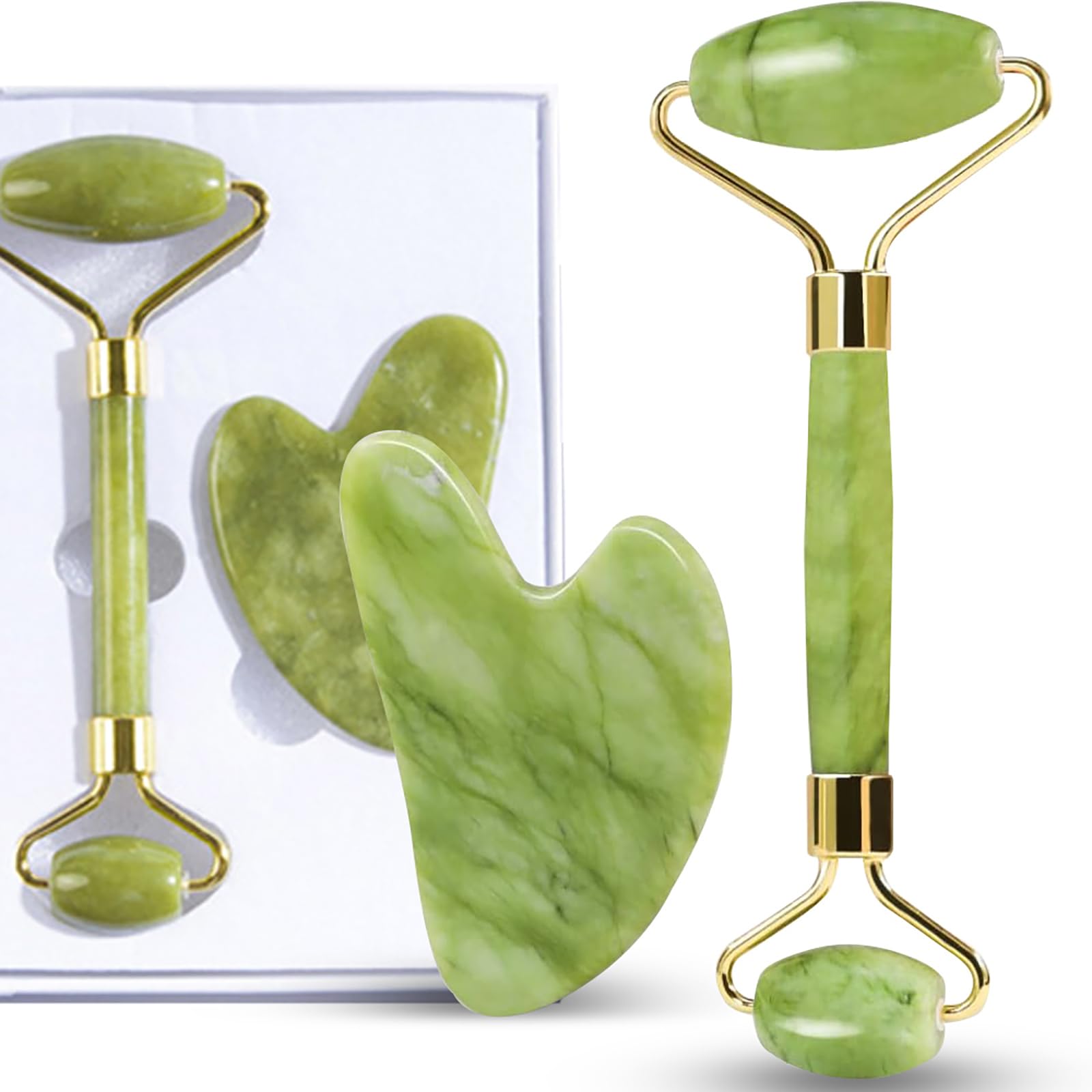 Gua Sha y Rodillo De Jade Tool,Guasha para el Masaje Facial, Masajeador Ojos,Relajante de los Músculos del Cuello y del Cuerpo,regalos de san valentin