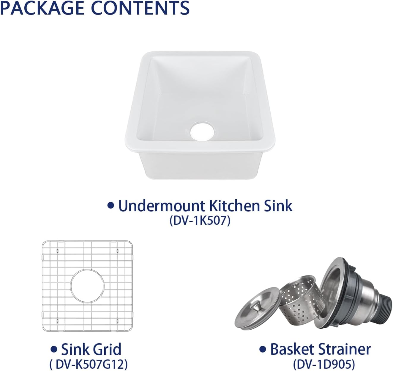 DeerValley Undermount Kitchen Sink 18" L x 18" W Fireclay Single Bowl Kitchen Sink Square Bar Sink with Sink Grid and Basket Strainer